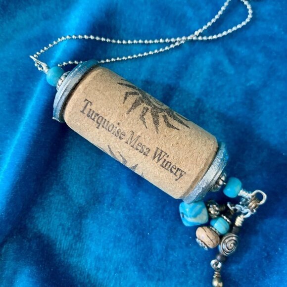 Recycled pendant necklace - wine cork and beads - 30” ball chain - turquoise - Picture 2 of 4